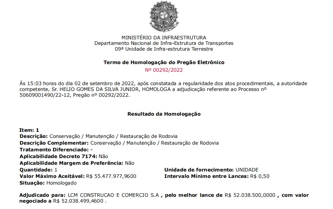homologação empresa BR 163